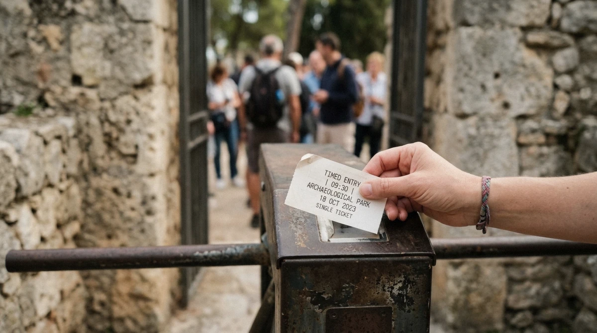 A hand holding a timed entry ticket at the turnstiles of the Pompeii archaeological park with the ancient walls behind