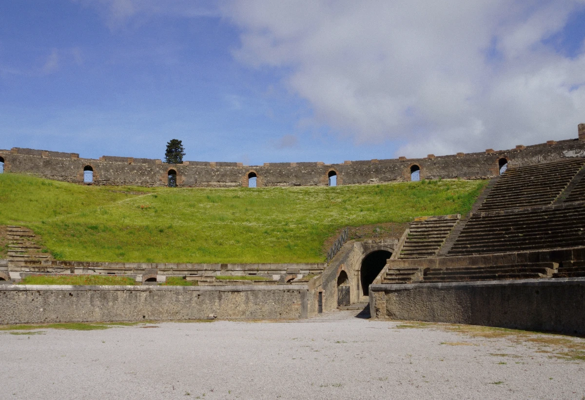 Inside the amphitheatre of Pompeii, the oldest surviving Roman arena, on the deep-route private tour of Pompeii