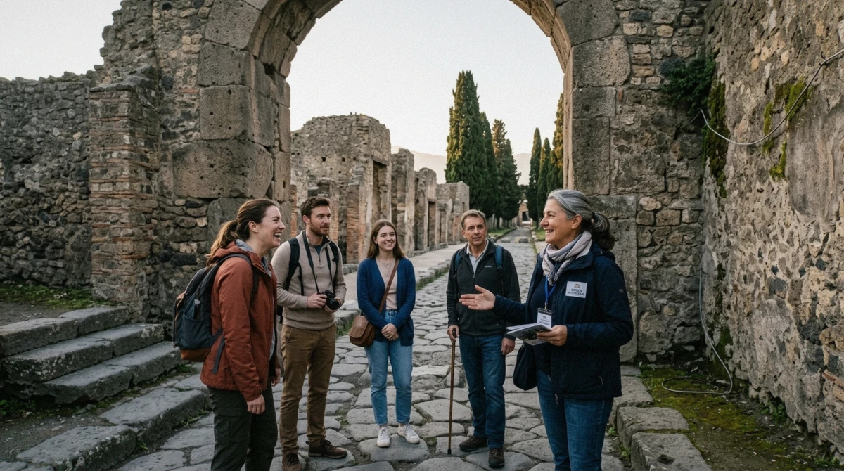 Private guide meeting travellers at the Porta Marina gate of Pompeii for a two-hour private Pompeii tour