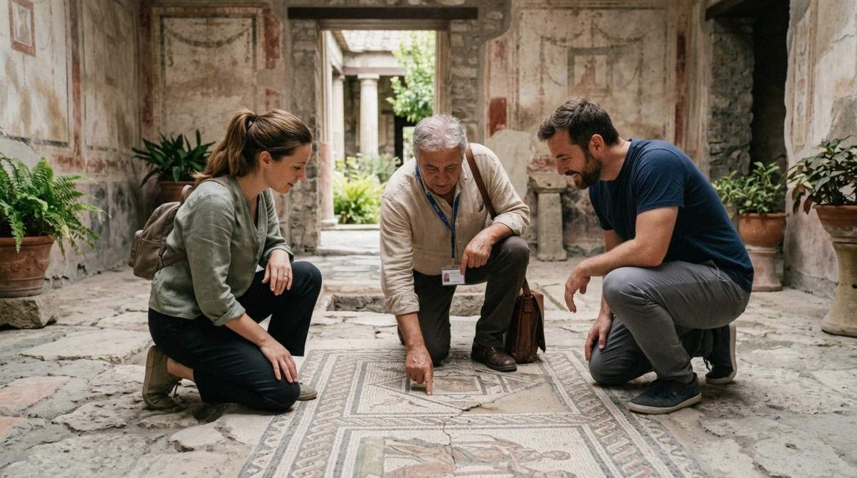 Local guide showing a couple the mosaic floor of a Pompeii house on a customized exclusive private tour